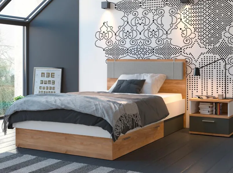 Wójcik Jugendbetten|Jugendbetten-Bett mit Polsterkopfteil Twenty 120 x 200 cm Eiche