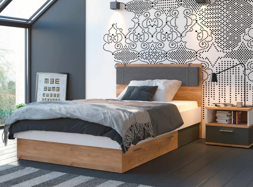 Wójcik Jugendbetten|Jugendbetten-Bett mit Polsterkopfteil Twenty 120 x 200 cm Eiche