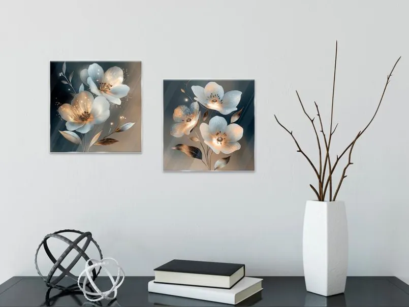 EUROART Bilder Ohne Rahmen-Glasbild 20 x 40 cm White Flowers On Gray IV Weiß