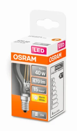 E14|Osram LED Tropfenform E14/4 Watt/Energie E Transparent