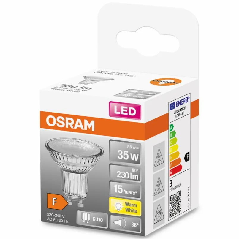 Gu10|Osram LED-Strahlerform GU10/2,6 Watt/Energie F Transparent