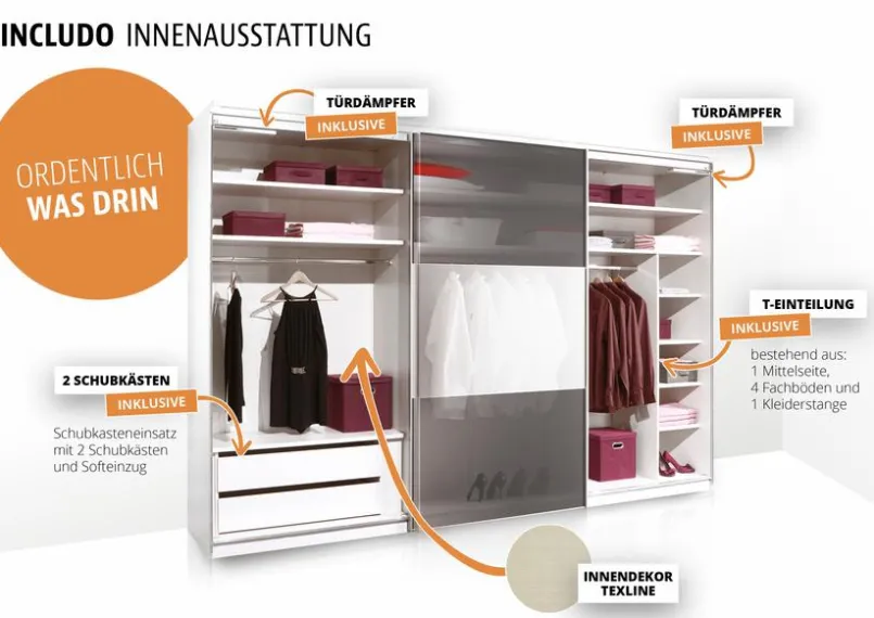Kleiderschränke|Staud Schwebetürenschrank Includo-Glas 249 x 222 cm Weiß