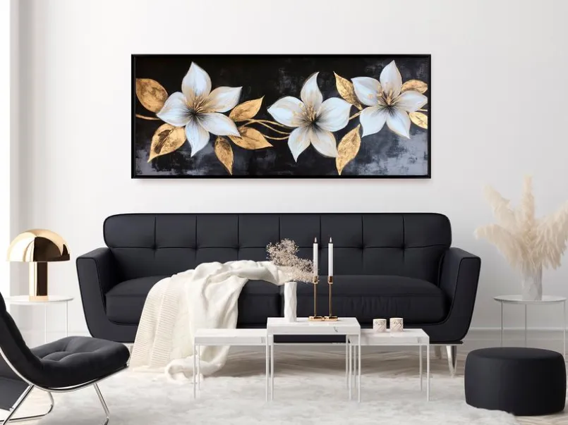Bilder Mit Rahmen|EUROART Wandbild 50 x 120 cm White Flowers On Black I Gold